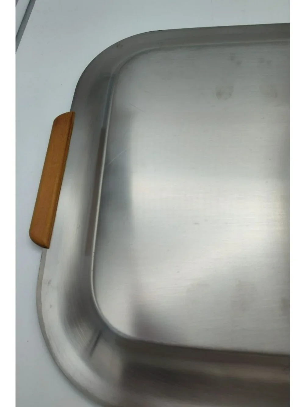 Vintage Oneida 15 Stainless Steel Serving Tray Wood Handles Mid Century Bar Tray